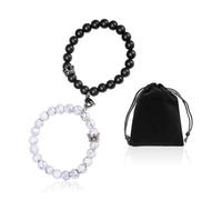 1 paire de bracelets pour couple de couronnes + 1 sac de rangement, bracelet d'amour magnétique noir et blanc, bracelet de perles en pierre naturelle, convient comme cadeau de couple pour garçons et