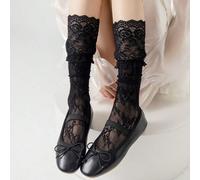 1 paire de chaussettes en dentelle fine pour femmes, chaussettes longues tubes de couleur unie avec bordure florale, style japonais, pour le printemps/été Blanc 35-40,Noir 35-40,Gris 35-40,Blanc cassé