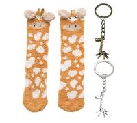 1 Paire De Chaussettes Et 2 Porte-Clés en Métal, Motif Girafe Mignon, Polaire Corail Chaud Et Épais, Cadeaux pour Enfants, Adaptés Aux Vêtements Amusants.
