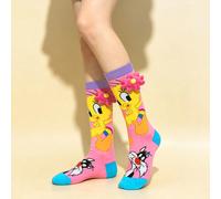 1 paire de chaussettes hautes pour femmes, collaboration Warner Bros. série Bugs Lapin, , Daffy Duck, chaussettes amusantes avec décoration florale DIY, convient pour toutes les saisons, choix de cade
