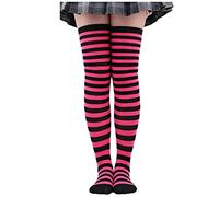 1 paire de chaussettes longues de Noël au-dessus du genou, chaussettes montantes à rayures, chaussettes montantes en résille, rose vif, Taille unique