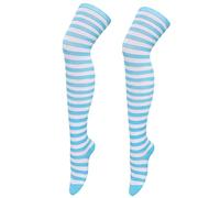 1 paire de chaussettes longues de Noël au-dessus du genou, chaussettes montantes à rayures, chaussettes montantes en résille, bleu clair, Taille unique
