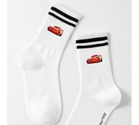 1 paire de chaussettes mi-mollet à motif Disney Cars, chaussettes unisexes rayées noir et blanc à motifs de dessins animés, chaussettes de sport respirantes résistantes aux odeurs avec motifs Disney,