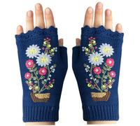 1 paire de gants tricotés sans doigts pour femmes, gants chauds à longs poignets avec fleurs brodées, mitaines en acrylique extensibles pour l'automne et l'hiver