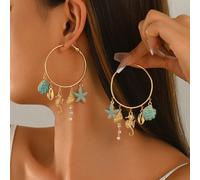 1 paire de grandes boucles d'oreilles créoles style océan pour vacances à la plage, boucles d'oreilles femme à la mode avec décoration multi-pendentifs bleu goutte d'huile, coquillage, hippocampe et é