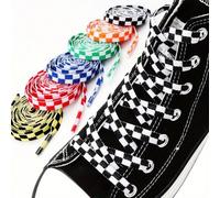 1 paire de lacets plats bicolores en polyester à damier, convenant aux chaussures en canevas et plates, aux baskets, aux chaussures décontractées, aux chaussures blanches pour femmes et hommes Treilli
