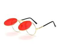 1 paire de lunettes de soleil rondes rabattables pour femmes et hommes - Lunettes de soleil circulaires steampunk - Lunettes de soleil rétro des années 90 - Protection UV, Doré/rouge