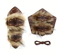 1 paire de manchons en fourrure synthétique marron et cuir synthétique pour guerrier, viking, médiéval, cosplay, fantastique, jeu de rôle