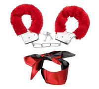 1 paire de menottes pelucheuses, 1 bandeau en soie, ensemble de jouets de jeu de rôle pour adultes, accessoires de déguisement pour les fêtes, jeux de rôle, à la maison et en voyage (rouge)
