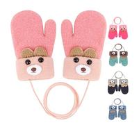 1 paire de moufles d'hiver sur cordon pour bébé de 0 à 3 ans - Motif ours mignon - Gants chauds en tricot avec doublure en polaire - Pour bébé garçon et fille