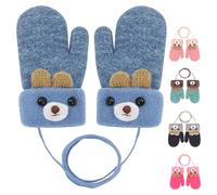 1 paire de moufles d'hiver sur cordon pour bébé de 0 à 3 ans - Motif ours mignon - Gants chauds en tricot avec doublure en polaire - Pour bébé garçon et fille