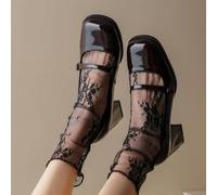 1 paire De Noir Japonais lolita Pour Femme Motif Dentelle Mi-Cuisse Chaussettes Très Mince Ajouré À Travers Chair Été Babies Court fine Trou Chaussettes En Maille Taille UniqueHalloweenÉtoffe