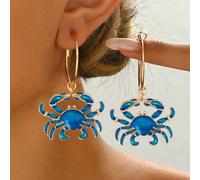 1 paire de nouveaux boucles d'oreilles créoles pour femmes, style océan pour les vacances d'été. Série de vie marine bohème à la mode avec homard et crabe en émail rouge. Boucles d'oreilles polyvalent