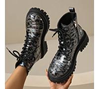 1 paire de nouvelles bottes de cheville pour femmes, avec fermeture éclair latérale, dégradé léopard, semelle épaisse à lacets, bout rond, bottes de mode polyvalentes plates de moto, taille CN36-42 (p