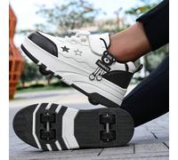 1 paire de nouvelles chaussures pour filles/garçons, design blanc à lacets roses, semelle épaisse blanche et rose en TPR, roues doubles blanches et roses, sangle de talon en cuir blanc, décoration de 