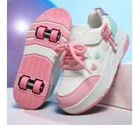 1 paire de nouvelles chaussures pour filles/garçons, design rose à lacets blancs et boucle, semelle épaisse blanche et rose en TPR, roues doubles blanches et roses, sangle de talon blanc, décoration c