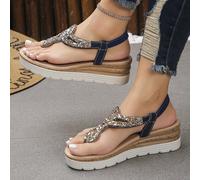 1 paire de sandales à plateforme compensée et à bride en forme de tong ornées de strass scintillants et d'un faux fond en bois pour femmes. Idéales pour les vacances et le port quotidien. Couleur bleu