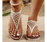 1 paire de sandales compensées minimalistes et fraîches en maille blanche, design délicat en maille ajourée, coupe classique de sandale à bride en T, couleur blanche confortable et amicale pour la pea