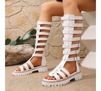 1 paire de sandales gladiateur en PU blanc punk Y2K avec fermeture éclair, boucle et rivets. Idéal pour l'extérieur et les vacances d'été EUR36,EUR37,EUR38,EUR39,EUR40,EUR41,EUR42,EUR43RayéMicrofiber
