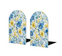 1 paire de serre-livres en bois à motif floral aquarelle bleu jaune pour étagères, serre-livres en bois très résistants et antidérapants pour la maison, le bureau, la décoration d'étude