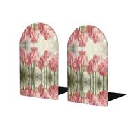 1 paire de serre-livres en bois imprimé tulipes roses - Serre-livres décoratifs pour étagères - Arrête de livre robuste pour cadeau/maison/bureau/école