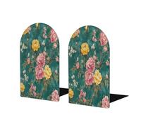 1 paire de serre-livres vintage en bois pour étagères - Motif pivoine jaune et rose