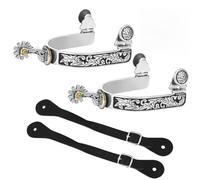 1 paire d'éperons western cowboy avec sangles, éperons pour cheval pour homme, acier inoxydable avec motif gravé et 2 sangles en cuir réglables, modèle classique pour entraînement et monte