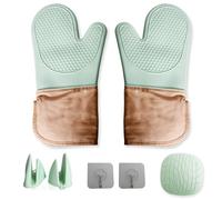 1 Paire Gants de Four Isolants, Gants de Cuisine en Silicone et Coton, Paire de Pinces à Deux Doigts, 1 Manique en Silicone Antidérapante Incluse, Ensemble de Cuisson Anti-Brûlure, Vert