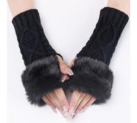 1 paire Gants Pour Femme Noir (Sans Doigts) Court Tricoté Avec En Fourrure Synthétique Menottes , Automne Et Hiver , Chaud Et À La Mode Taille UniqueBlocs de couleurAcrylique