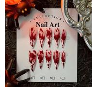 1 paquet/10 pièces - Ongles à gouttes de sang d'Halloween Gothique Blanc & Rouge Éclaboussures Esthétique Effrayante Festival | Ongles à presser longs stiletto faits main Déclaration Fête d'Halloween
