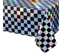 1 paquet de nappe en plastique à carreaux noire et irisée, nappe rectangulaire jetable brillante et laser, nappe irisée holographique, décorations de fête irisées pour pique-nique, camping, extérieur,