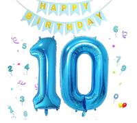 1 Pcs Ballon Anniversaire 10 Ans Bleu+Banderole Joyeux Anniversaire,100cm Foil Ballons Chiffre 10 Bleu,Ballon 10 Bleu,pour 10e Garçons Filles Anniversaire D'anniversaire Fête Décoration