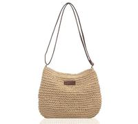 1 Pcs Femme Sac à Bandoulière en Paille Sac de Plage D'été Sac à Bandoulière Mode avec Fermeture Éclair et Sangle Réglable Convient pour Voyage à la Plage Vacances Rencontres (Beige)