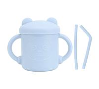 1 Pcs Silicone Sippy Cup Panda Motif Bébé Apprentissage Formation Tasse Résistant aux Chutes Silicone Sippy Tasse avec Poignées Bec Couvercle (Bleu)
