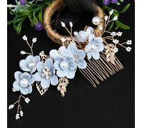 1 peigne à cheveux avec perles, pince à cheveux, en forme de U, avec feuille d'or, peigne latéral pour mariée, demoiselles d'honneur, femme - Bleu