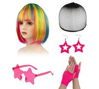 1 Perruque Colorée, 1 Résille, 1 Paire De Lunettes De Soleil, 1 Paire De S Et 1 Paire De Boucles D'Oreilles, Perruque Courte Droite Avec Frange, Maquillage Pour Représentations Scéniques.