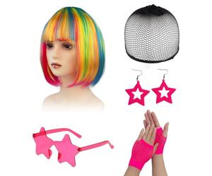 1 Perruque Colorée, 1 Résille, 1 Paire De Lunettes De Soleil, 1 Paire De S Et 1 Paire De Boucles D'Oreilles, Perruque Courte Droite Avec Frange, Maquillage Pour Représentations Scéniques.