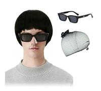 1 Perruque Noire Et Brune Avec Frange, 1 Paire De Lunettes De Soleil Et 1 Filet À Cheveux, Cheveux Courts Pour Hommes Avec Frange, Adaptés Aux Scènes De Vacances.
