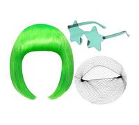 1 perruque verte et 1 paire de lunettes vertes, livrée avec 1 filet à cheveux noir, kit d'enfilage de perruque, perruques pour femme, perruques fluo, perruques de fête, perruques amusantes,