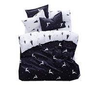 1 Personne 135x200cm Vert Cactus Fille Garçon Parures de Lit avec Taie d'oreiller, Tropical Feuille Animal Cerf Noir Blanc Marron Housse de Couette (Cerf, 4 Pièces/135x200cm)