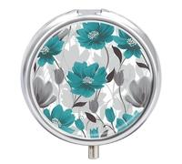 1 petit pilulier rond à motif floral bleu sarcelle gris et blanc avec miroir, 3 compartiments, pilulier portable pour voyage quotidien, pilulier mignon pour suppléments d'huile de poisson