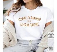 1 pièce 100% coton T-shirt à manches courtes décontracté pour femmes avec l'impression de la phrase française "VIVRE D'AMOUR ET DE CHAMPAGNE", pour ceux qui aiment la vie et le champagne. L,M,S,XLGéom