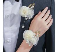 1 pièce/2 pièces/6 pièces Rose blanc crème avec dentelle, petites fleurs, perles et feuilles dorées, corsage et fleur de poignet haut de gamme pour le marié, la mariée, les garçons d'honneur, les demo