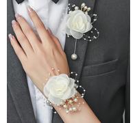 1 pièce/2 pièces/6 pièces Rose blanche premium avec petites perles, alliage métallique, corsage élégant et chaîne de perles pour le poignet, convient pour le marié, la mariée, les garçons d'honneur, l