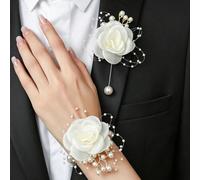 1 pièce/2 pièces Boutonnière esthétique en métal avec rose blanche haut de gamme et petites perles, et corsage de poignet avec chaîne de perles, convient pour le marié, la mariée, le garçon d'honneur,