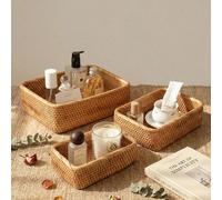 1 pièce/3 pièces Panier de rangement tressé à la main en rotin naturel, boîte de rangement pour collations et fruits, panier en osier, plateau de salle de bain, bac de rangement de salle de bain. Pani
