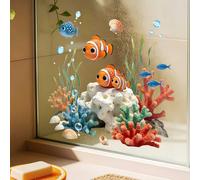 1 pièce, 39*40cm, autocollant de fenêtre style océan 2D plat avec poisson-clown, corail, algues et coquillages, décalcomanie créative auto-adhésive et amovible en PVC pour verre, décoration pour salon