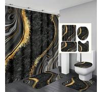 1 pièce/4 pièces Ensemble de rideaux de salle de bain en marbre noir à bordure dorée, tapis de salle de bain, abattant de toilette en forme de U, polyester imperméable, 180 x 180 cm avec 12 crochets, 