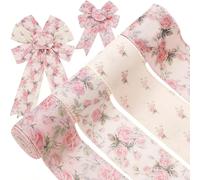 1 pièce/4 pièces Ruban rose à fleurs avec fil 6,35 cm Ruban de fleurs de rose vintage pour nœud, couronne, artisanat, emballage cadeau, printemps, été, mariage, anniversaire, fête, décoration de la ma