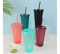 1 pièce/5 pièces/6 pièces/10 pièces, 710 ml/24 oz, 500 ml/16 oz Tasse en plastique réutilisable avec couvercle et paille, tasse à café réutilisable pour boissons chaudes et froides, convient pour boir